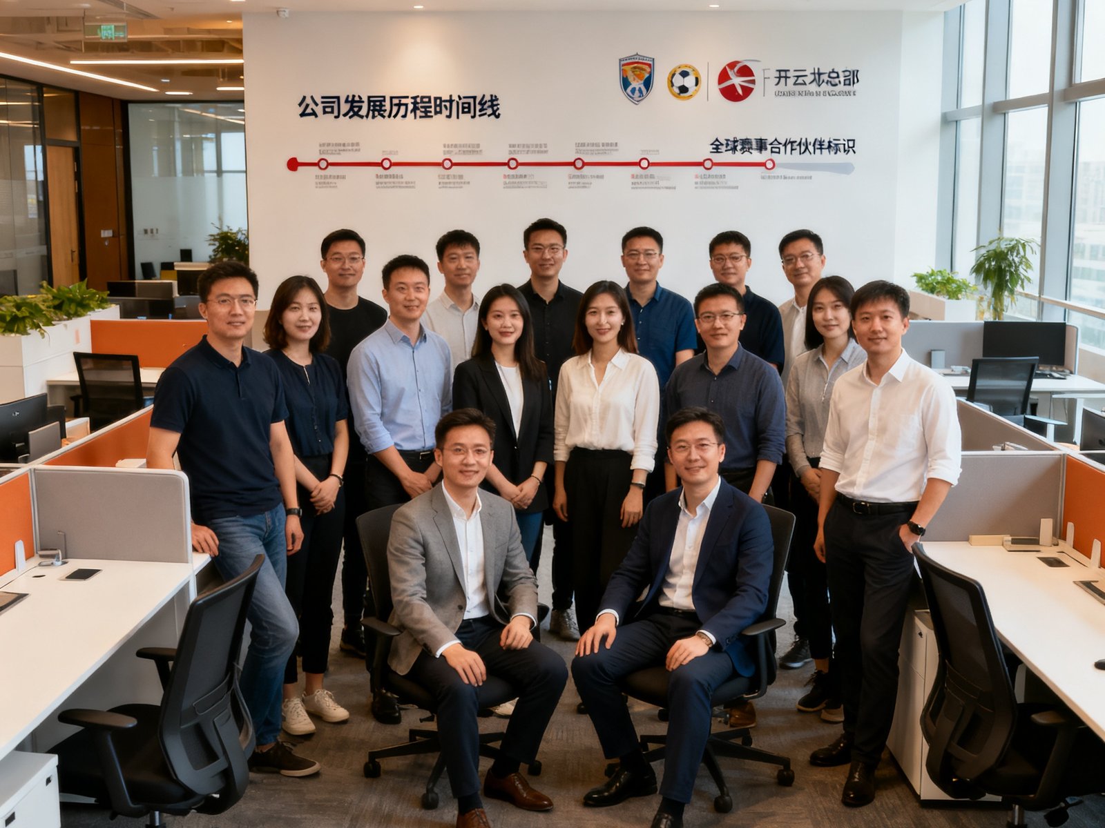 开云体育北京总部团队在开放式办公区合影，背景墙上展示着公司发展历程时间线和全球赛事合作伙伴的标识